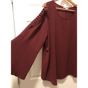 Burgundy Long Sleeve Blouse, 1X Stretchy Caged Peek-a-boo Shoulder, Bell Sleeve